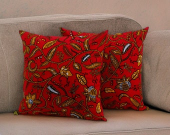 Red Print Cushion Cover, African wax print cushion cover, Wax Print Decorative Pillow Cover, Red leaf trail cushion cover