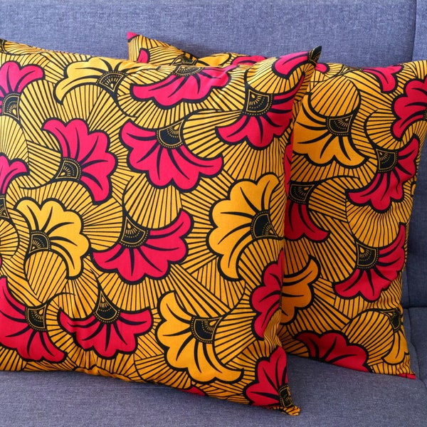 Couch Pillow Covers, African Print Decorative Covers, Wax print decorative cushion covers, Orange rolls royce cushion cover