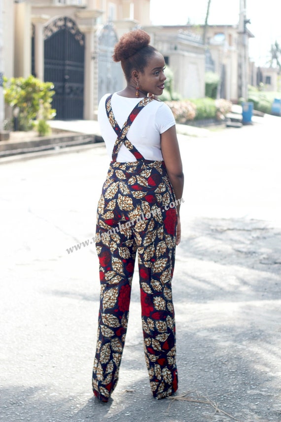 african print dungaree dress