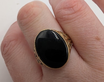 Exquisite Vintage 9ct Yellow Gold Onyx Solitaire Ring - UK Size R sku2038