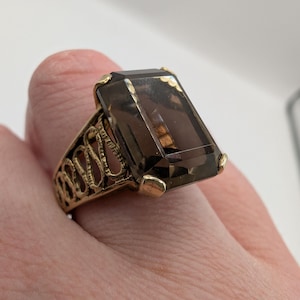 9ct Yellow Gold Vintage Smoky Quartz Rectangular Solitaire Ring Sku1967