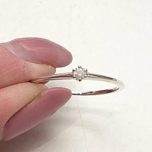 Peut inclure: Une bague simple en argent avec une seule petite pierre ronde transparente au centre.