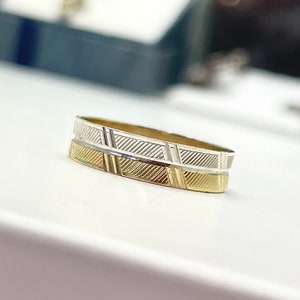 Two Tone Solid 14k Yellow Gold & White Gold Textured Wedding Band Ring