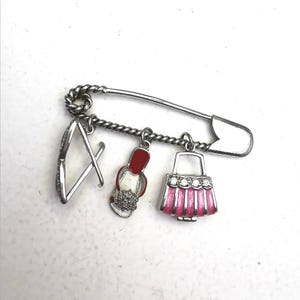 Vintage Sterling Silver Safety Pin Brooch with Dangling Charms