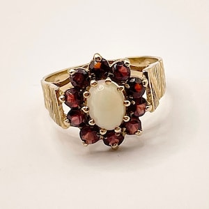 Floral Large Opal & Garnet Statement Ring Set In 9ct Yellow Gold sku1210