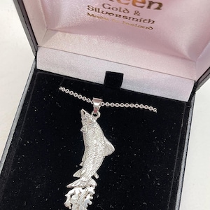 May include: A silver pendant necklace featuring a detailed, three-dimensional design of a leaping salmon. The pendant is in a black velvet box with the inscription "Aidan Breen Gold & Silversmith Made in Ireland".