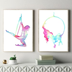 Two Aerial Hoop art prints. Watercolor aerial acrobats Silhouette posters. The Circus Collection. Aerial Lyra gift idea for aerialists