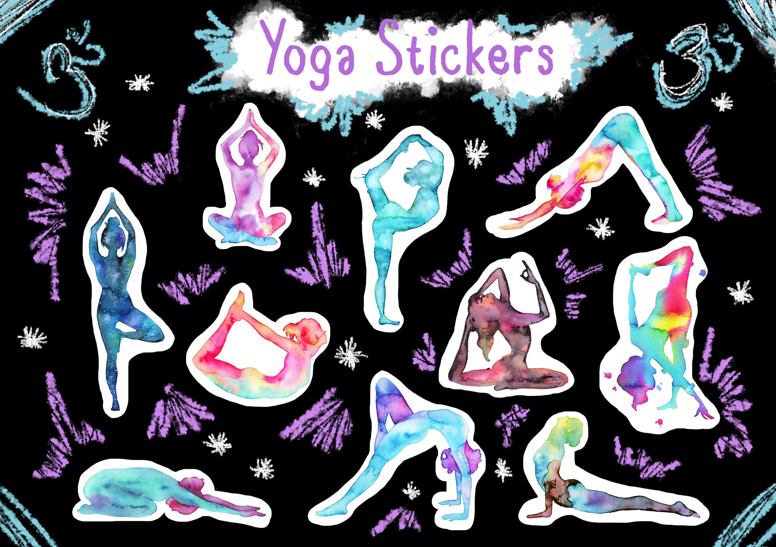 Yoga Stickers Set in Watercolors. 10 Different Yoga Poses. Great Yoga
