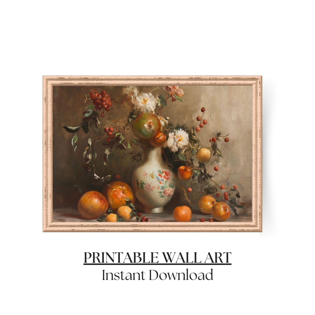 Fruits and Flowers Art, Vase Still Life Art, Floral Fruit Decor ...