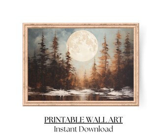 Vintage Mond Wald Wand Kunst, Nostalgische Wald Wand Kunst, Rustikale Mond Wald Szene, Retro Wald Dekor, Mond Wald Druck, Retro Mond Kunst