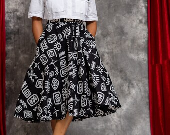 Black And White Tribal Flare Midi Ankara African Print Skirt