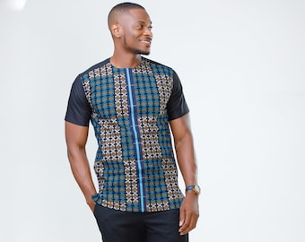 Black Kente Men's African Print Cotton Easy-wear Ankara Shirt By Zedi