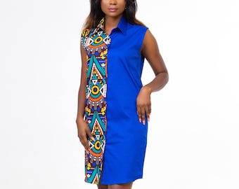 Royal Blue African Print Ankara Womens Shirt Dress