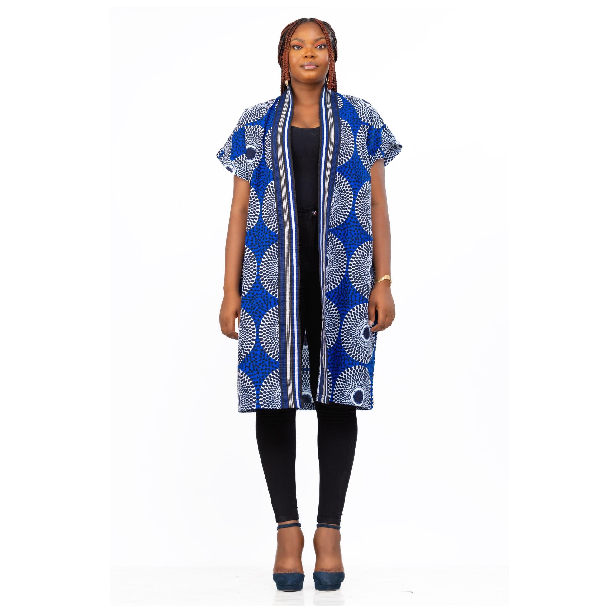 Blue And White Robe African Print Ankara Kimono Nsubura Print Coat African Wax Print Cloth Outfit Fugu Accent Kimono Aso Oke Robe