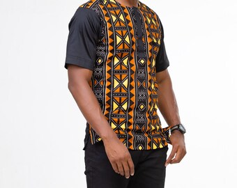 Black Brown Short Sleeve African Print Ankara Shirt by Zedi