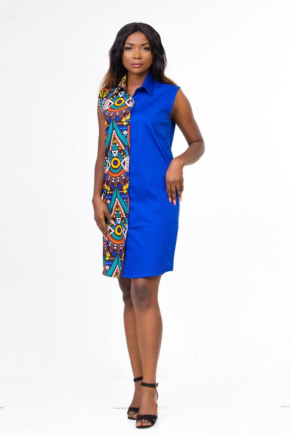 Royal Blue Ankara Dress South African Print Clothing Blue Ankara Womens Shirt Dress Tribal Button up Garment Blue Pattern Clothing
