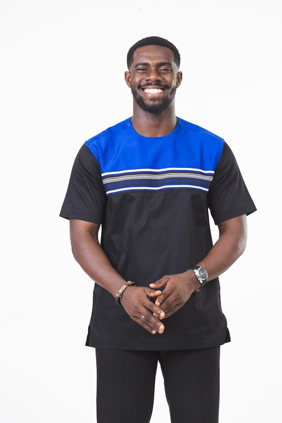 Royal Blue and Black Men's Cotton Easy-wear African Smock