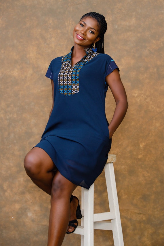 Navy Blue Chiffon Frock Ankara Kente Print Short Cup Sleeve Dress Short African Gown Etsy UK