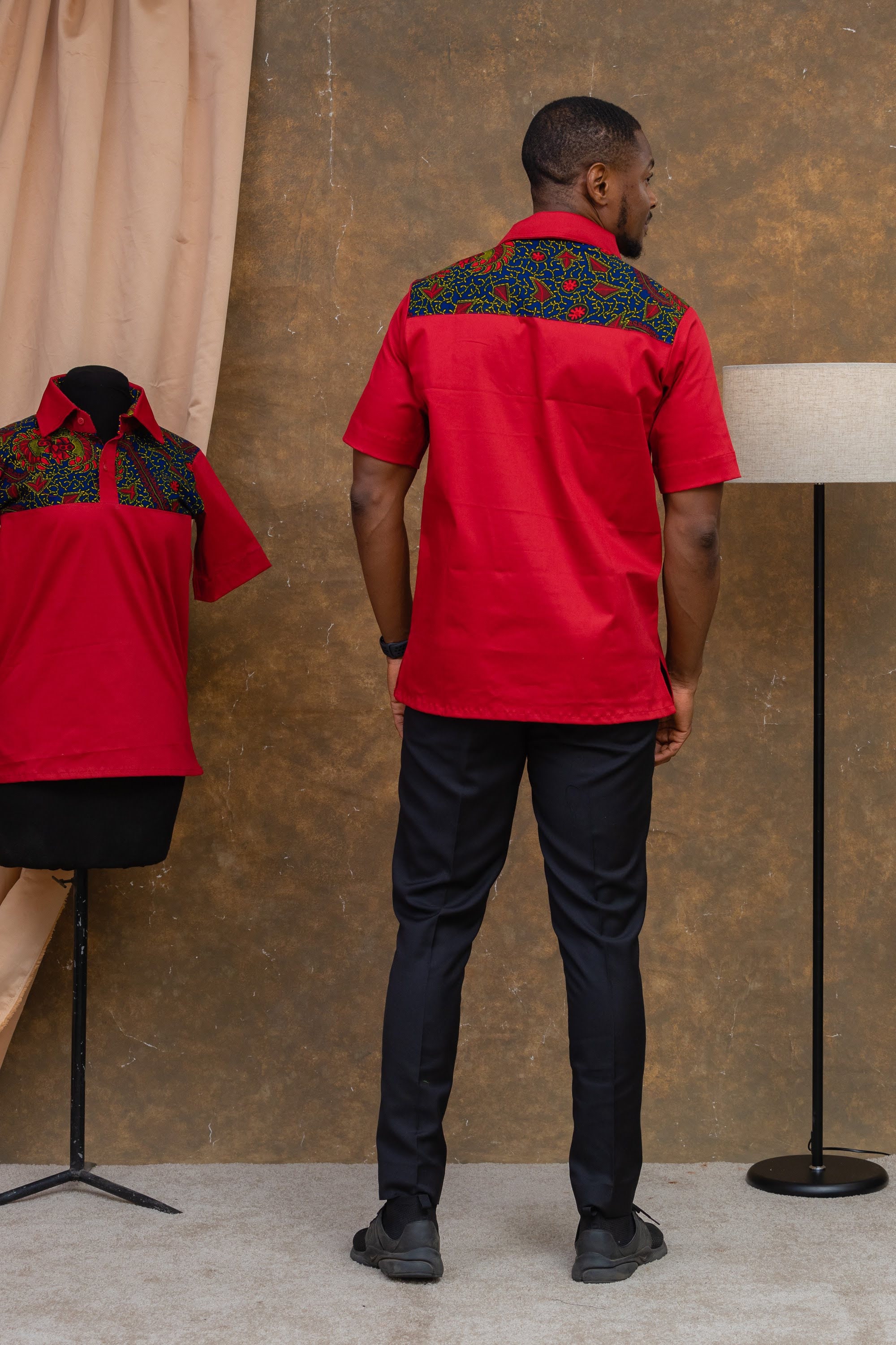 READYMADE♡ AFRICAN SHIRT - TYPE:E Men's Red and Navy Top, Ankara African Shirt, Button up Wax