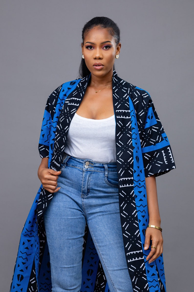 Nyota African Print Midi Kimono - Black / Blue