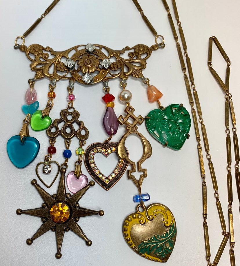 Heart necklace long vintage Nouveau style necklace hearts & | Etsy