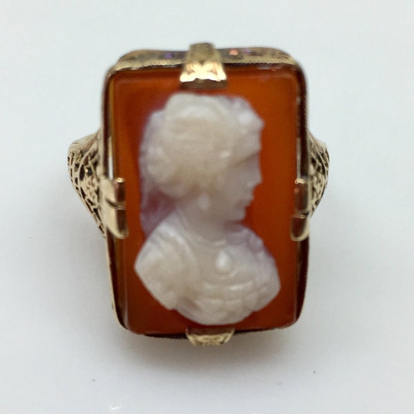 Vintage Cameo Ring in Sardonyx 14 Karat Rose Gold Filigree Setting.  Hard Stone Cameo