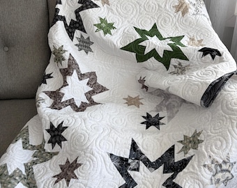 Christmas/Winter Quilt in black grey and green with silver metallic accents