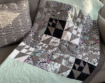 Handmade Quilt: Black, White & Teal Blocks (60x72)