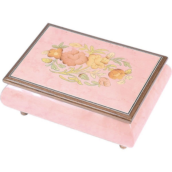 Handcrafted Wooden Pink Maple Burl Musical Jewellery Box with Marquetry Inlay