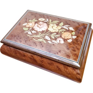 Handcrafted Wooden Elm Burl Musical Jewellery Box with Marquetry Inlay