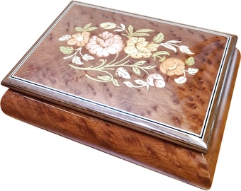 Handcrafted Wooden Elm Burl Musical Jewellery Box with Marquetry Inlay