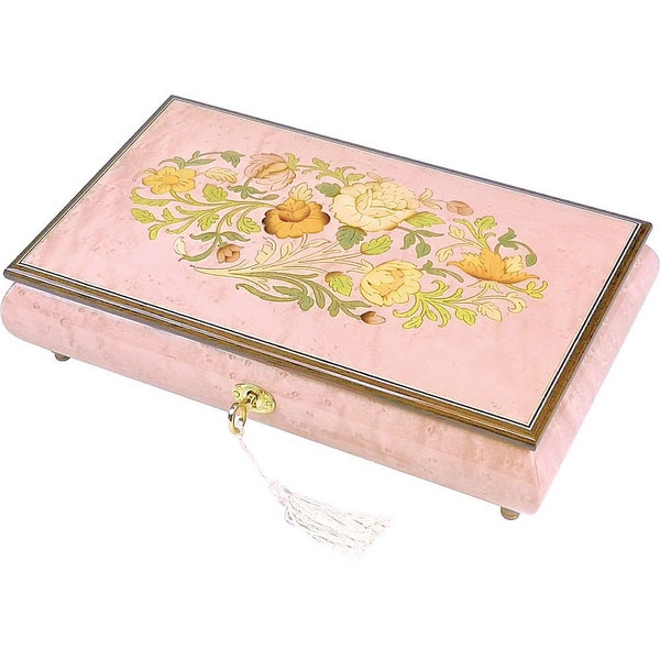 Handcrafted Wooden Pink Maple Burl Musical Jewellery Box with Marquetry Inlay