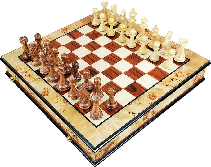 Hillwood Handcrafted Maple Burl and Rosewood Chess Set
