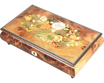 Handcrafted Wooden Elm Burl Musical Jewellery Box with Marquetry Inlay (M46FCE)