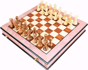 Hillwood Handcrafted Pink Maple Burl and Rosewood Chess Set