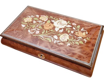 Handcrafted Wooden Elm Burl Musical Jewellery Box with Marquetry Inlay