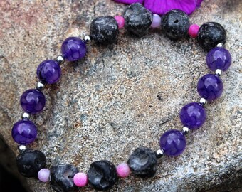 Lava Rock Bracelet, Energy Bracelet, Healing Bracelet, Purple Agate, Stretch Bracelet, Stacking Bracelet, Yoga Bracelet, Diffusing Bracelet,