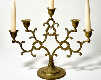 Vintage Engraved Brass Menorah Candle Holder Candelabra