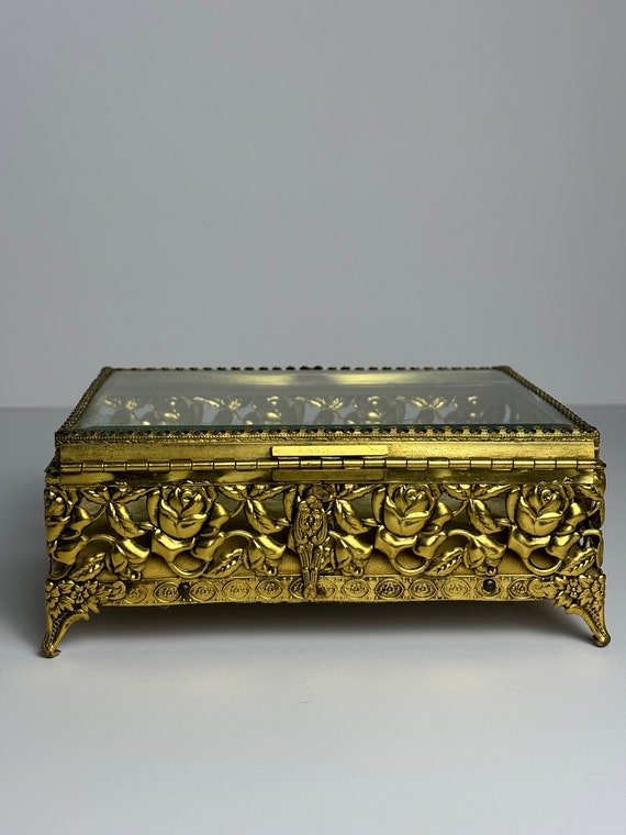 Vintage MCM Rose Patterned Ormolu Glass Box - image 5