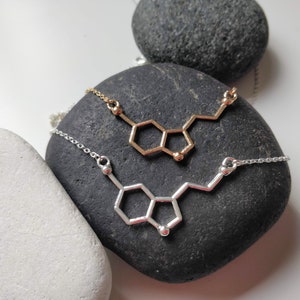 May include: Two necklaces with a chemical structure pendant, one gold and one silver, displayed on a dark grey stone.