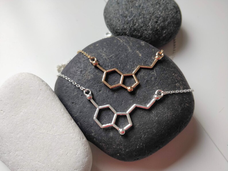 May include: Two necklaces with a chemical structure pendant, one gold and one silver, displayed on a dark grey stone.