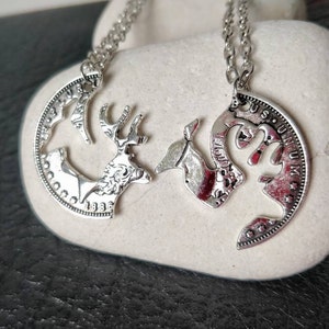 Stag and deer necklace, His and hers, Gift for couple, Couple jewelry, Stag head, Coin necklace, Anniversary gift, Gift for fiance, Woodland