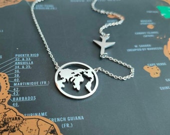 World globe necklace, Airplane necklace, Earth necklace, Gift for travellers, Travel accessories, Travel gift, Stewardess gift, Aeroplane