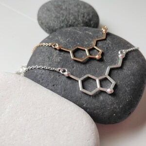 May include: Two necklaces with a chemical structure pendant. One necklace is silver and the other is gold.