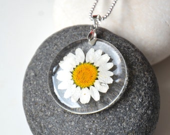Collar de margaritas, Collar de flores prensadas, Joyería natural, Collar de flores reales, Joyería de flores secas, Collar de plantas, Regalo de flores de resina,
