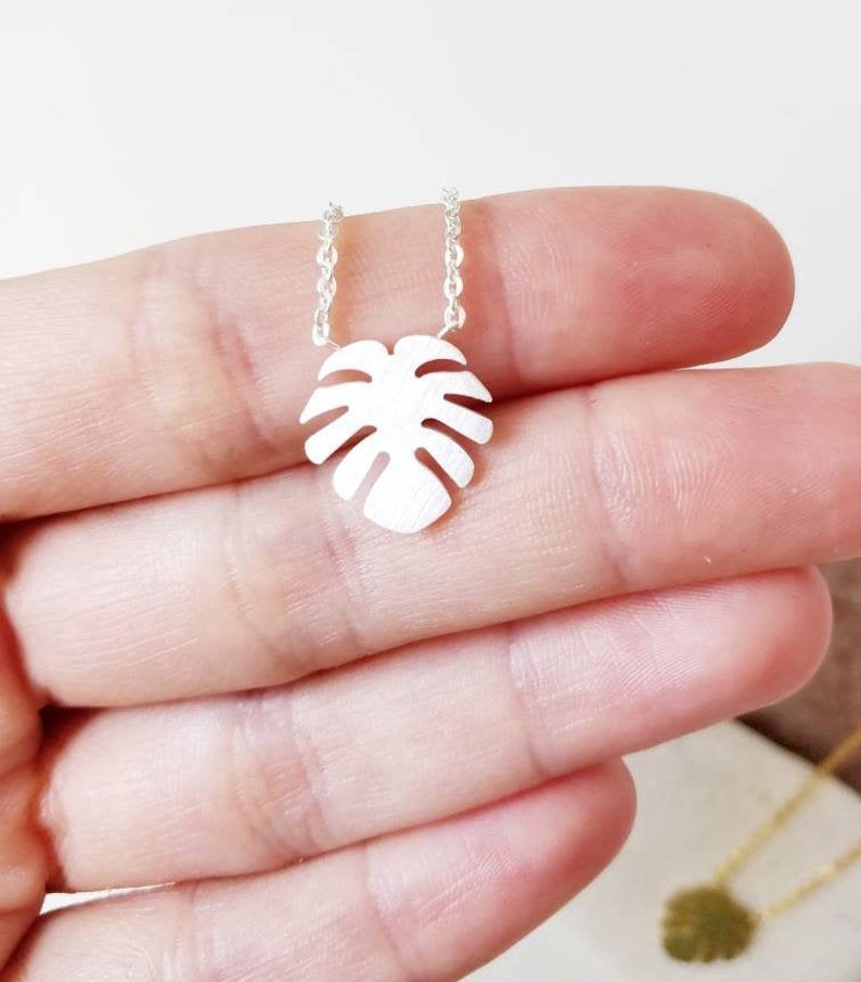 Puede incluir: Un collar de plata con un delicado colgante de hoja de monstera.