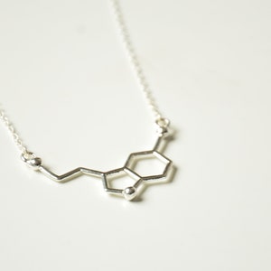 May include: A silver necklace with a pendant shaped like the chemical structure of dopamine.