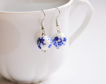 Ceramic jewellery, China jewelry, Blue flower earring, Flower girl gift, Blue china, Mother gift, Porcelain earring, China porcelain, UK