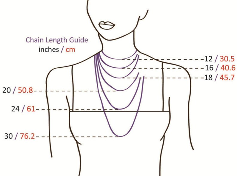 May include: A guide to necklace chain lengths in inches and centimetres. The image shows a woman's neck with lines indicating different lengths, ranging from 12 inches to 30 inches. The corresponding measurements in centimetres are also provided.