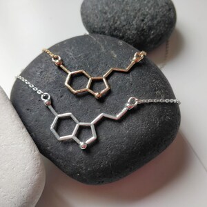 May include: Two necklaces with a chemical structure pendant, one gold and one silver, on a grey stone background.